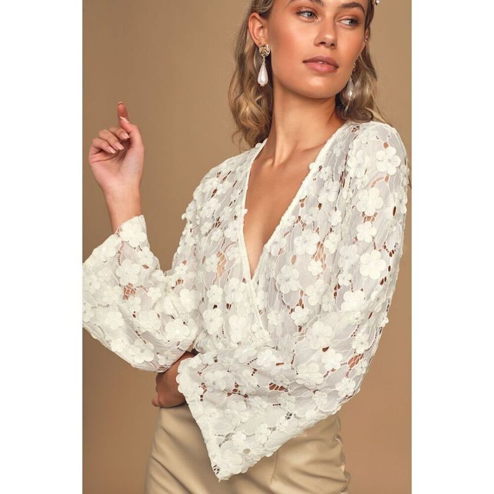 Lulus Blossom On Over White Lace Faux Wrap Long Sleeve Bodysuit - Small